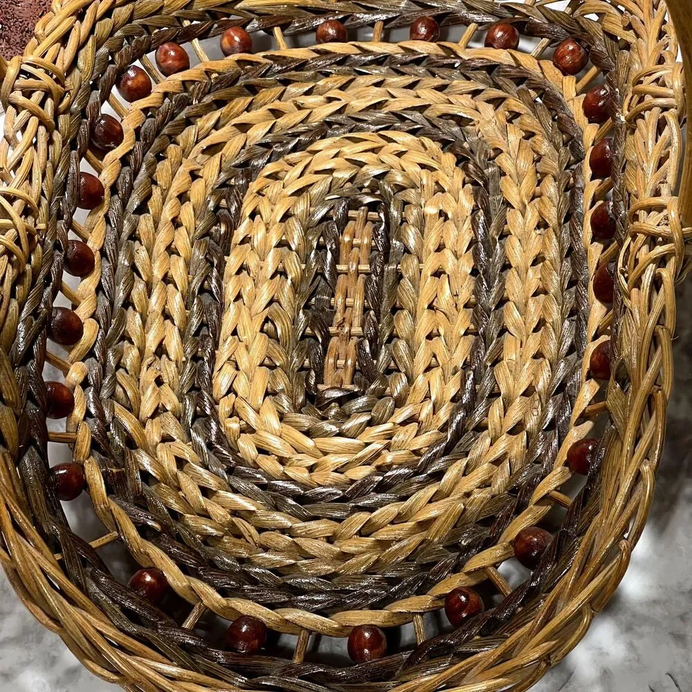 Vintage Gathering Basket With Wooden Beads | Wicker Magazine RacK | Towel Basket
